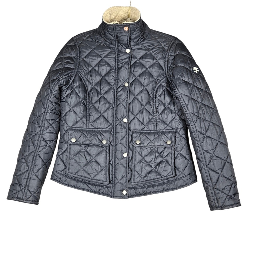 Barbour Cushat Quilted Jacket Womens 6 Navy Blue Diamond Quilt Sherpa Collar